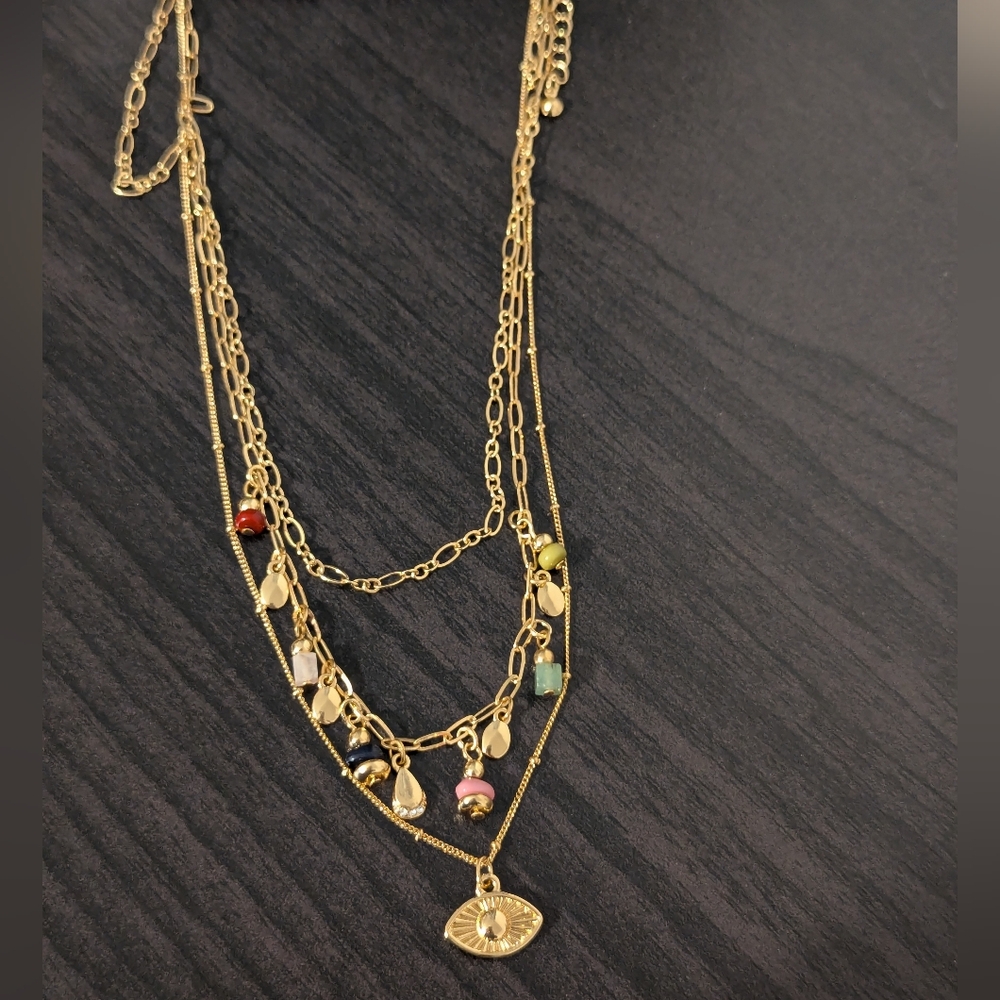 Universal Thread Gold Layered Necklace Colorful Beads Evil Eye Charm Boho NWT